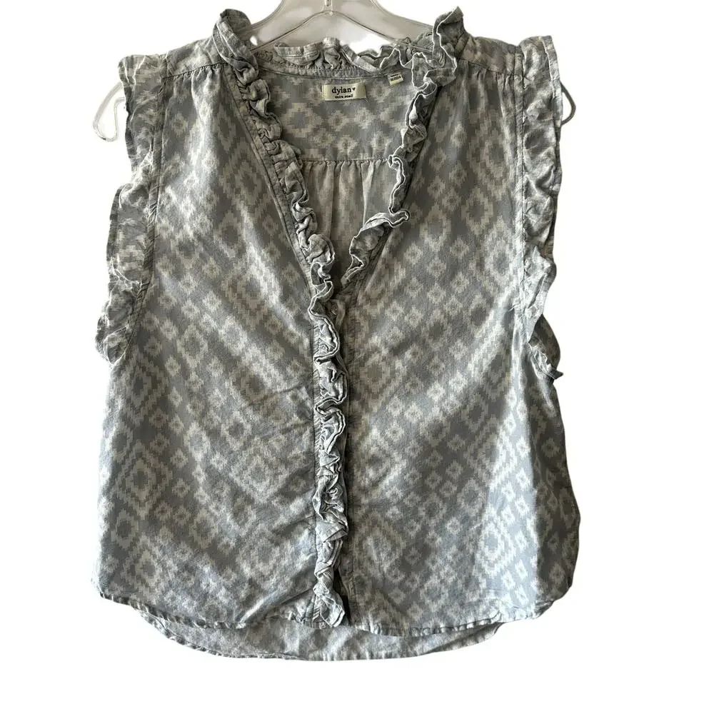 Dylan Fiesta Ruffle Top Womens XS Light Blue Western Southwest Print Button